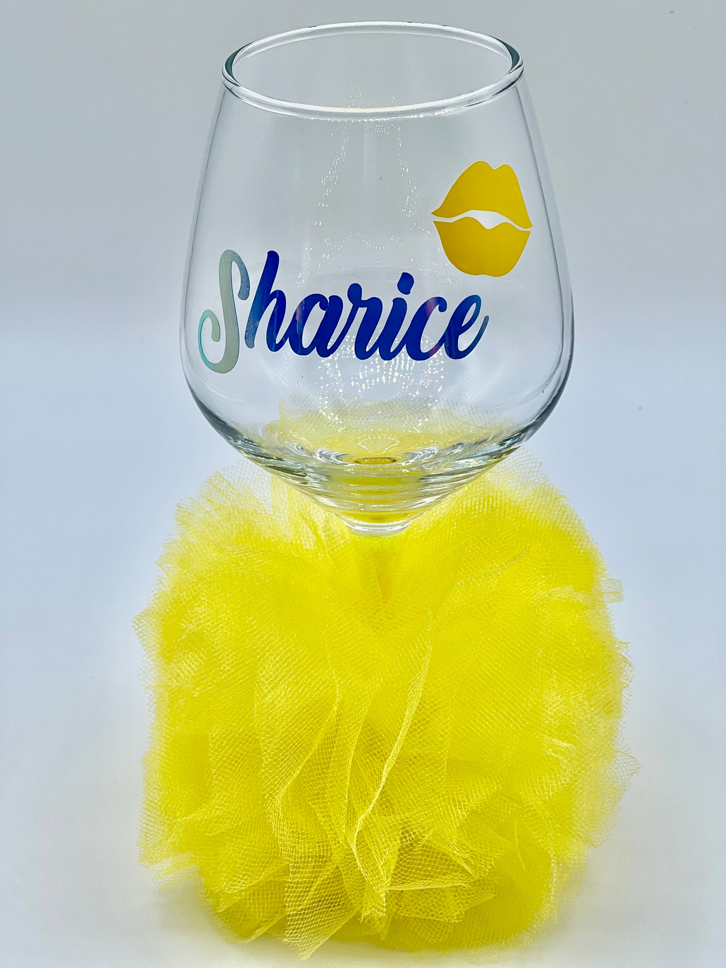 Glitter Stem Wine Glass with Personalized Name and Tulle Tutu